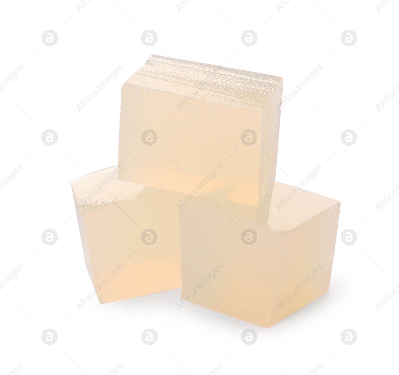 Photo of Many agar-agar jelly cubes on white background