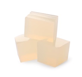 Photo of Many agar-agar jelly cubes on white background