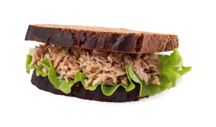 Photo of Delicious sandwich with tuna and lettuce leaves on white background