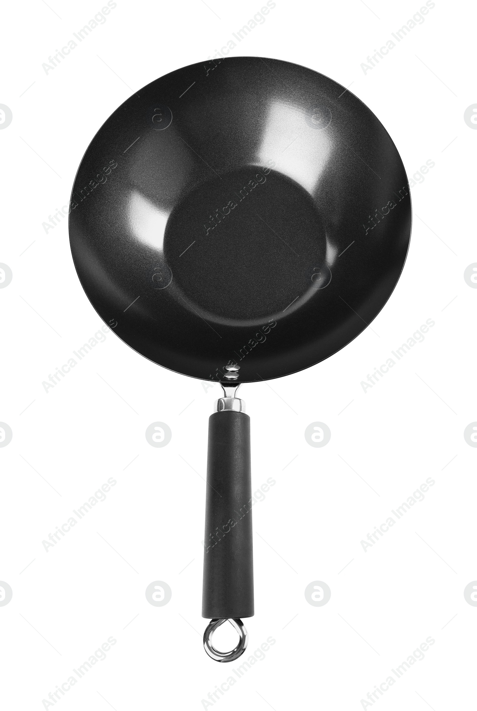 Photo of One empty metal wok isolated on white, top view