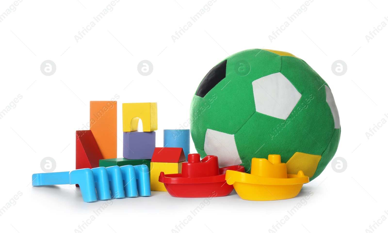 Photo of Set of different child toys on white background