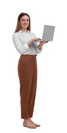 Beautiful businesswoman with laptop on white background