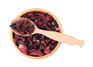 Wooden bowl and spoon with dry hibiscus tea isolated on white, top view