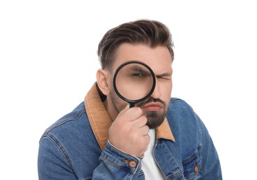 Photo of Handsome man looking through magnifier on white background