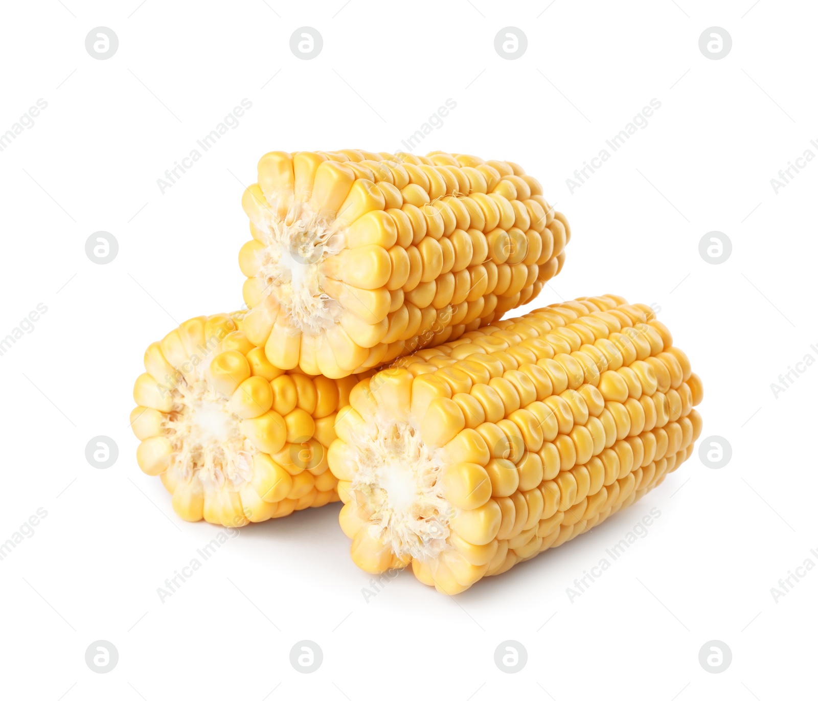 Photo of Pieces of ripe raw corn cobs on white background