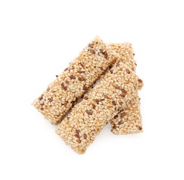 Photo of Tasty sesame seed bars isolated on white