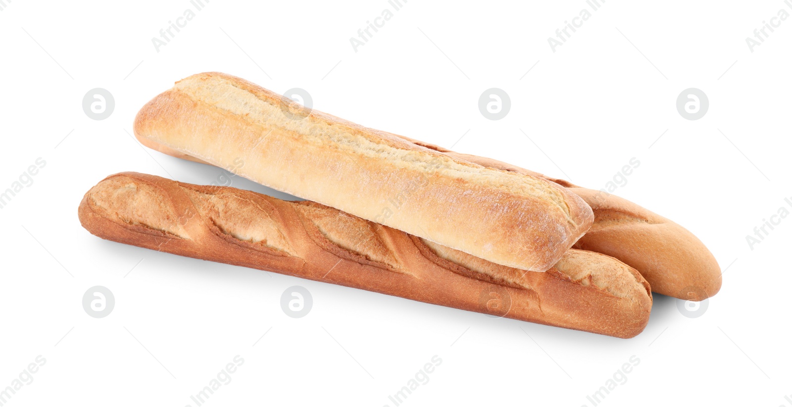 Photo of Different tasty baguettes on white background. Fresh bread