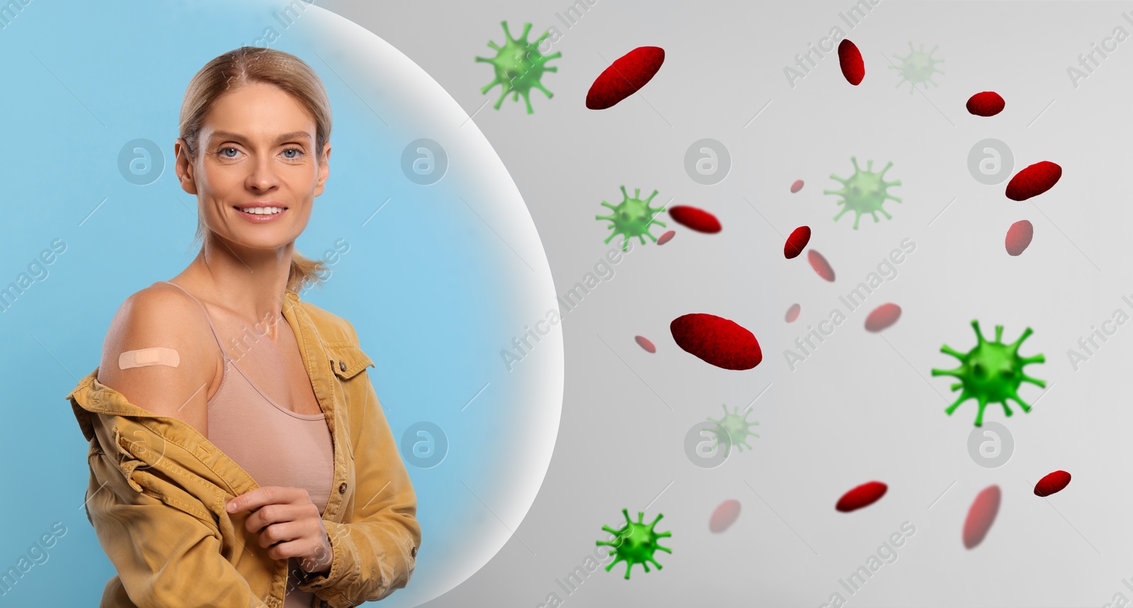 Image of Woman with strong immunity due to vaccination surrounded by viruses on grey background, banner design