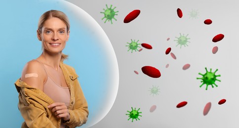 Image of Woman with strong immunity due to vaccination surrounded by viruses on grey background, banner design