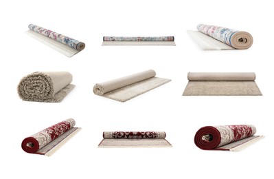 Image of Many different rolled carpets isolated on white, set