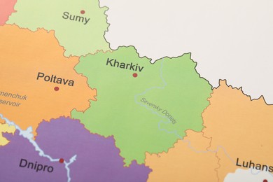 Photo of Kharkiv region on map of Ukraine, closeup