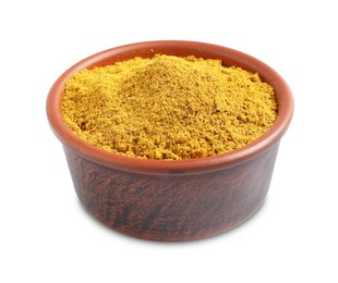 Photo of Curry powder in bowl isolated on white