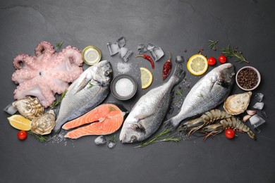 Flat lay composition with fresh raw dorado fish and different seafood on black table