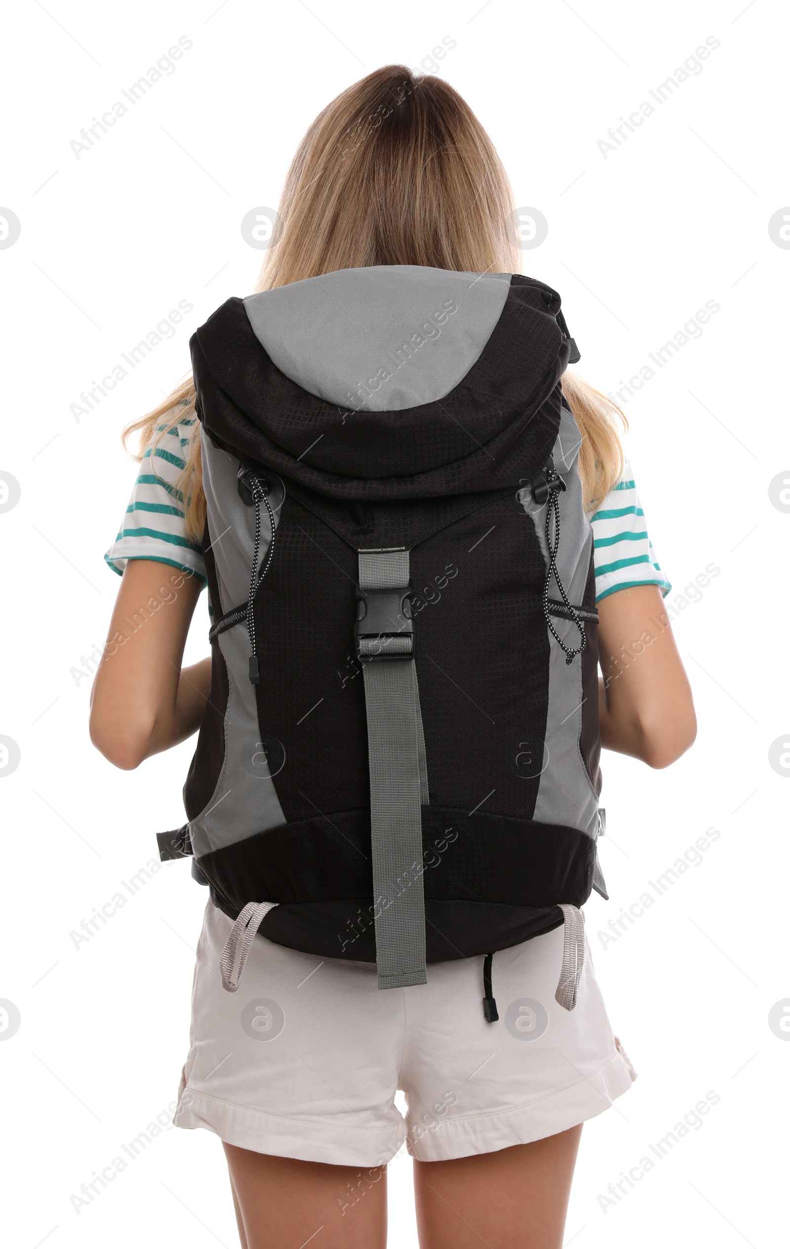 Photo of Woman with backpack on white background, back view. Summer travel