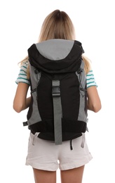 Woman with backpack on white background, back view. Summer travel