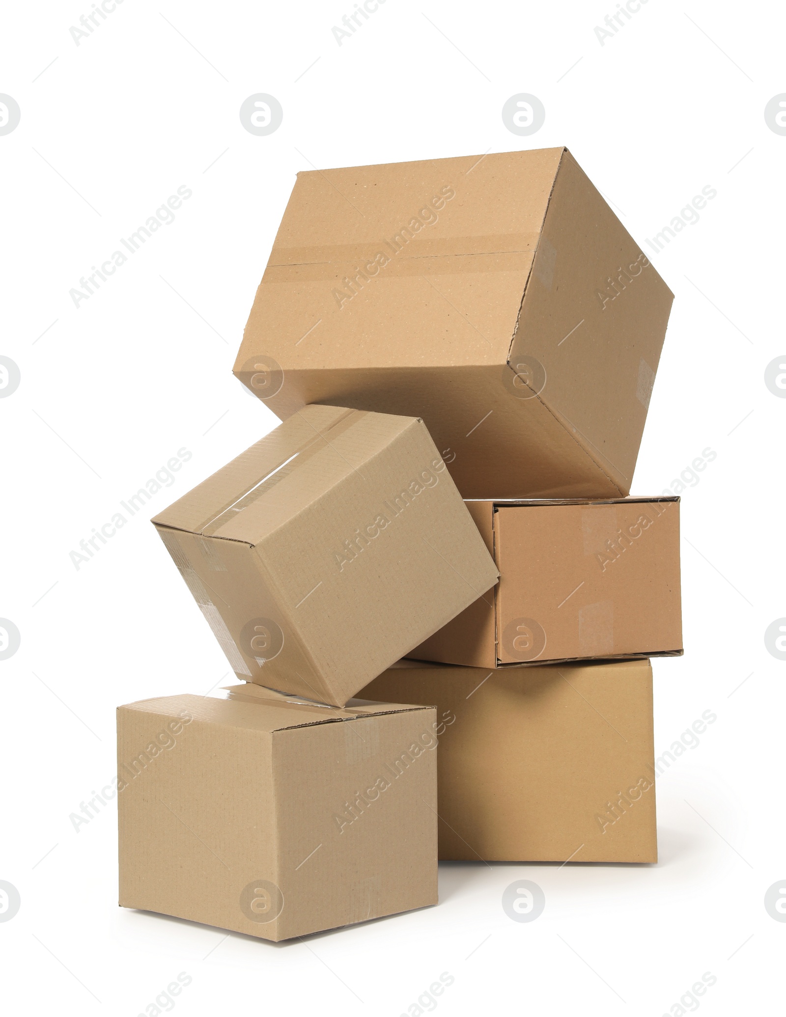 Photo of Many closed cardboard boxes on white background. Delivery service