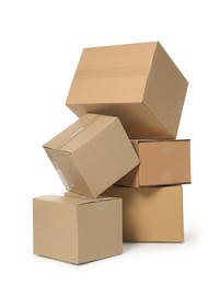 Photo of Many closed cardboard boxes on white background. Delivery service