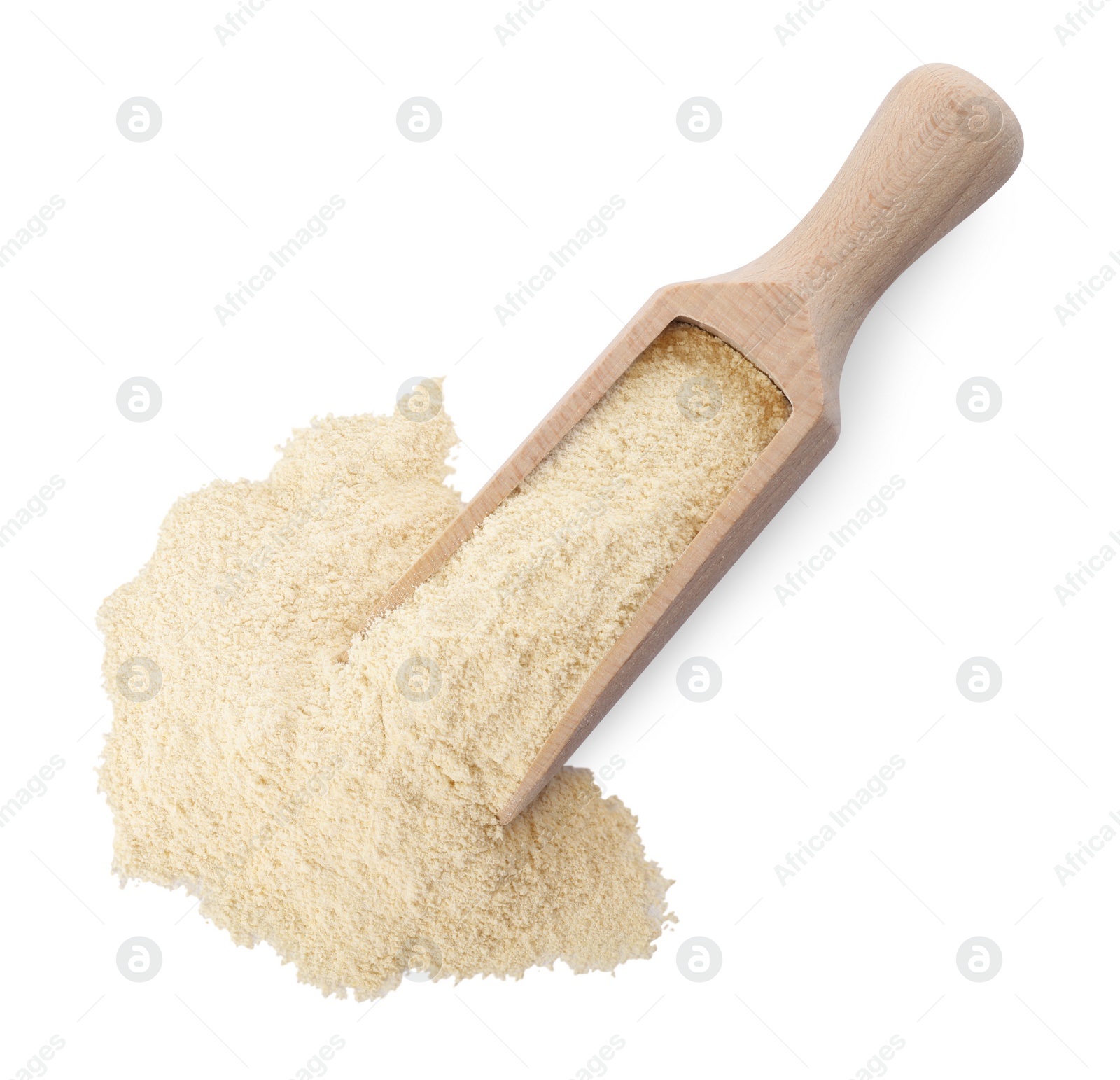 Photo of Wooden scoop with quinoa flour on white background, top view