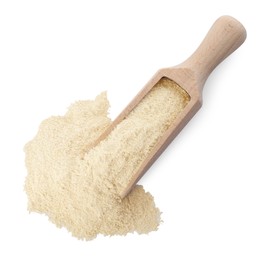 Photo of Wooden scoop with quinoa flour on white background, top view