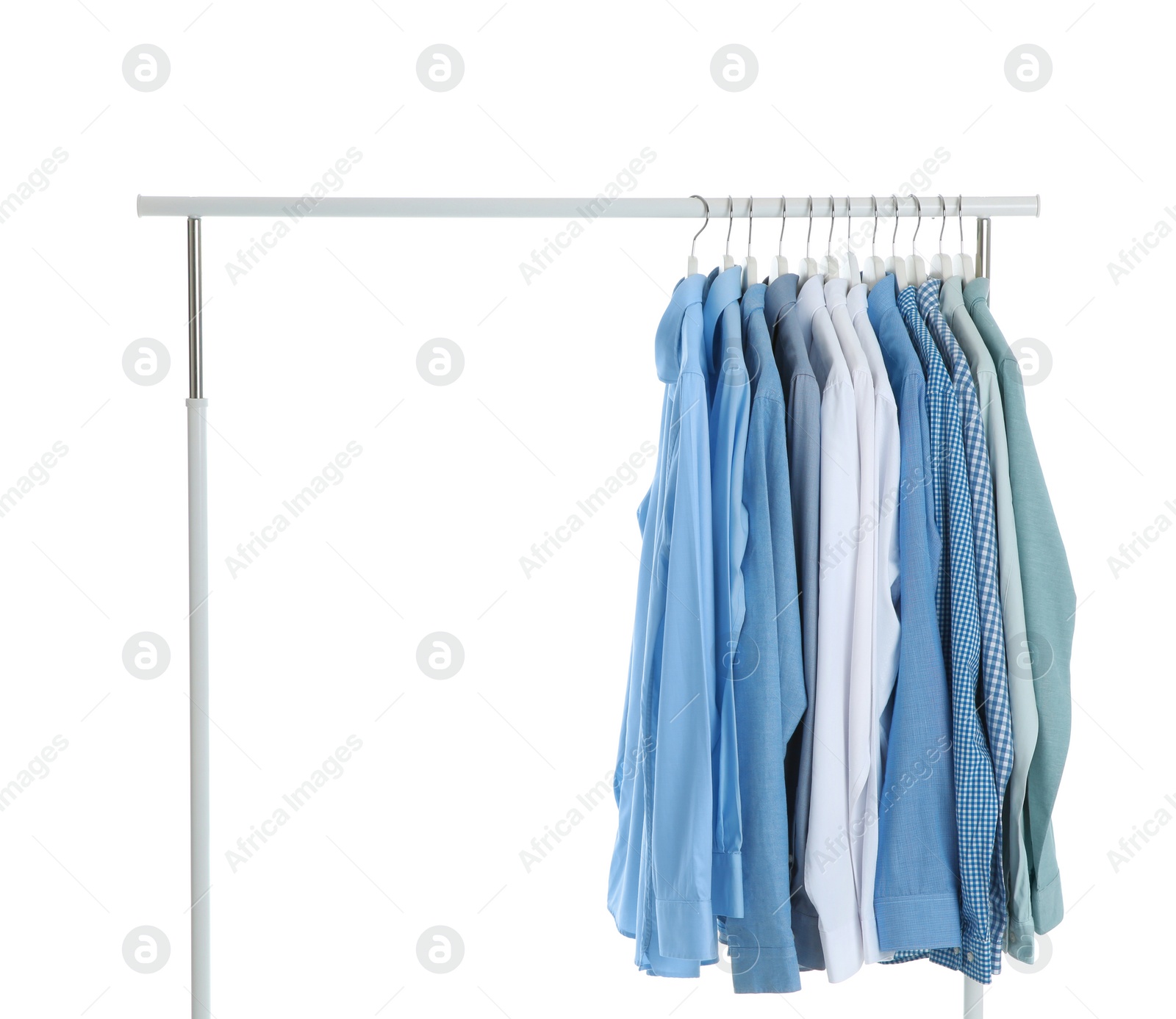 Photo of Men clothes hanging on wardrobe rack against white background