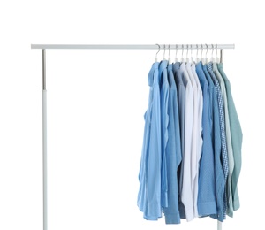 Photo of Men clothes hanging on wardrobe rack against white background