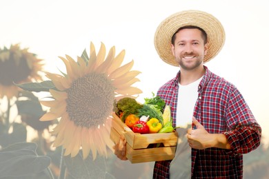 Image of Double exposure of happy farmer and sunflower field. Space for text