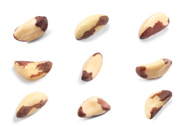 Image of Set with tasty Brazil nuts on white background