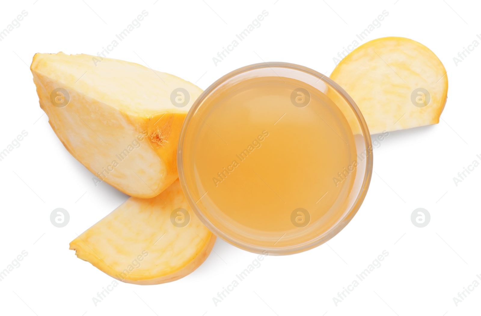 Photo of Glass of freshly made turnip juice on white background, top view