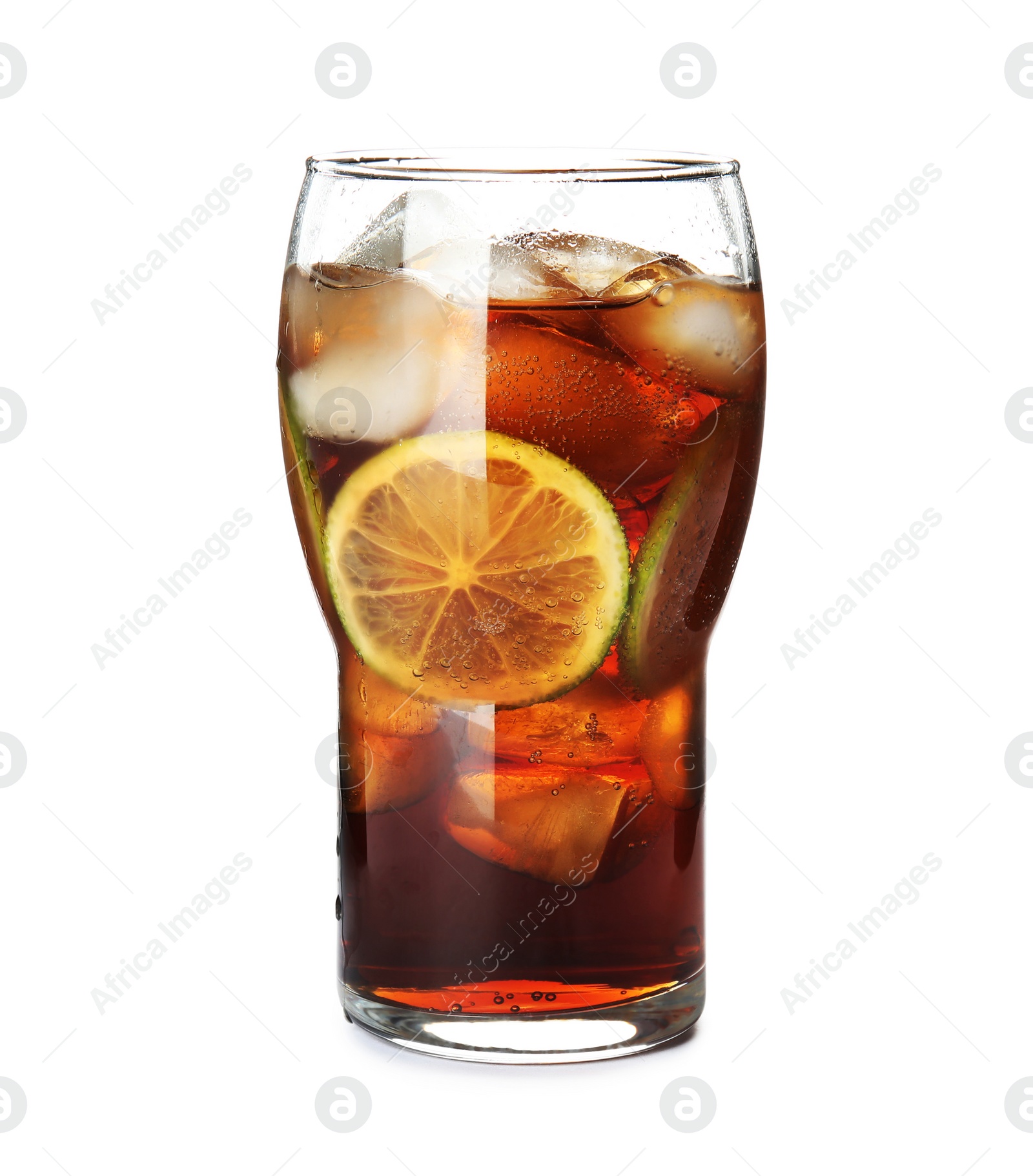 Photo of Glass of drink with lime and ice cubes isolated on white