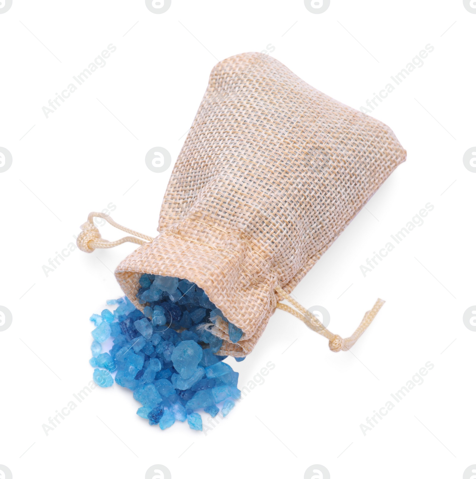 Photo of Bag with blue sea salt isolated on white, top view