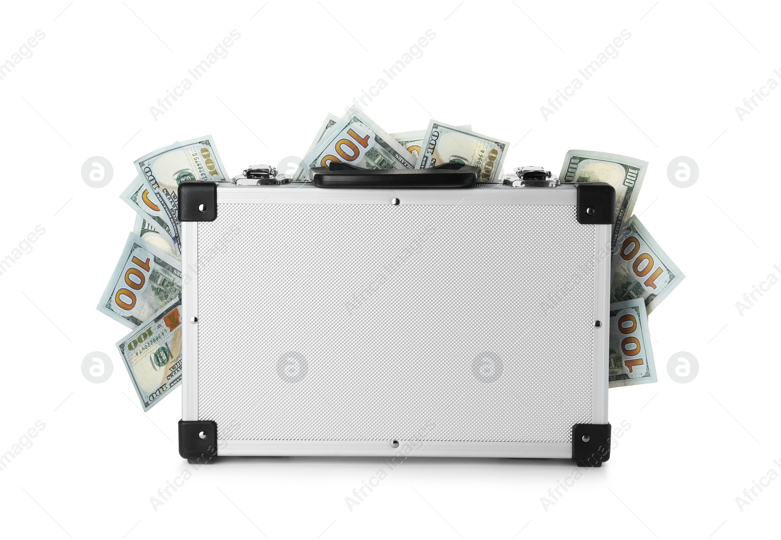 Photo of Modern suitcase full of money on white background