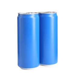 Photo of Energy drinks in blue aluminum cans on white background