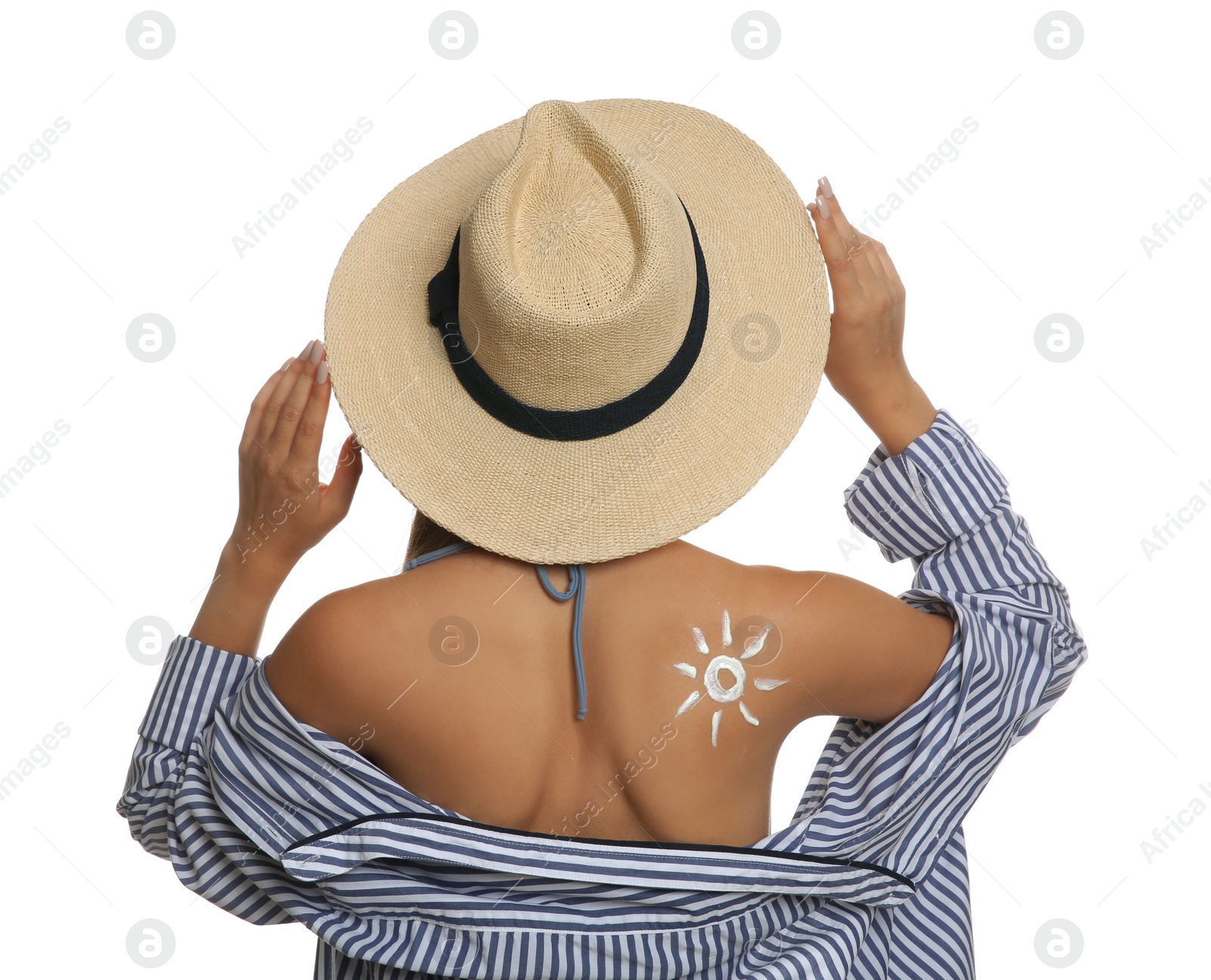 Photo of Teenage girl with sun protection cream on her back against white background