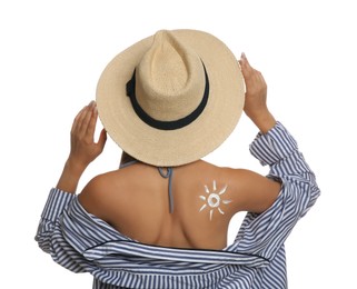 Teenage girl with sun protection cream on her back against white background