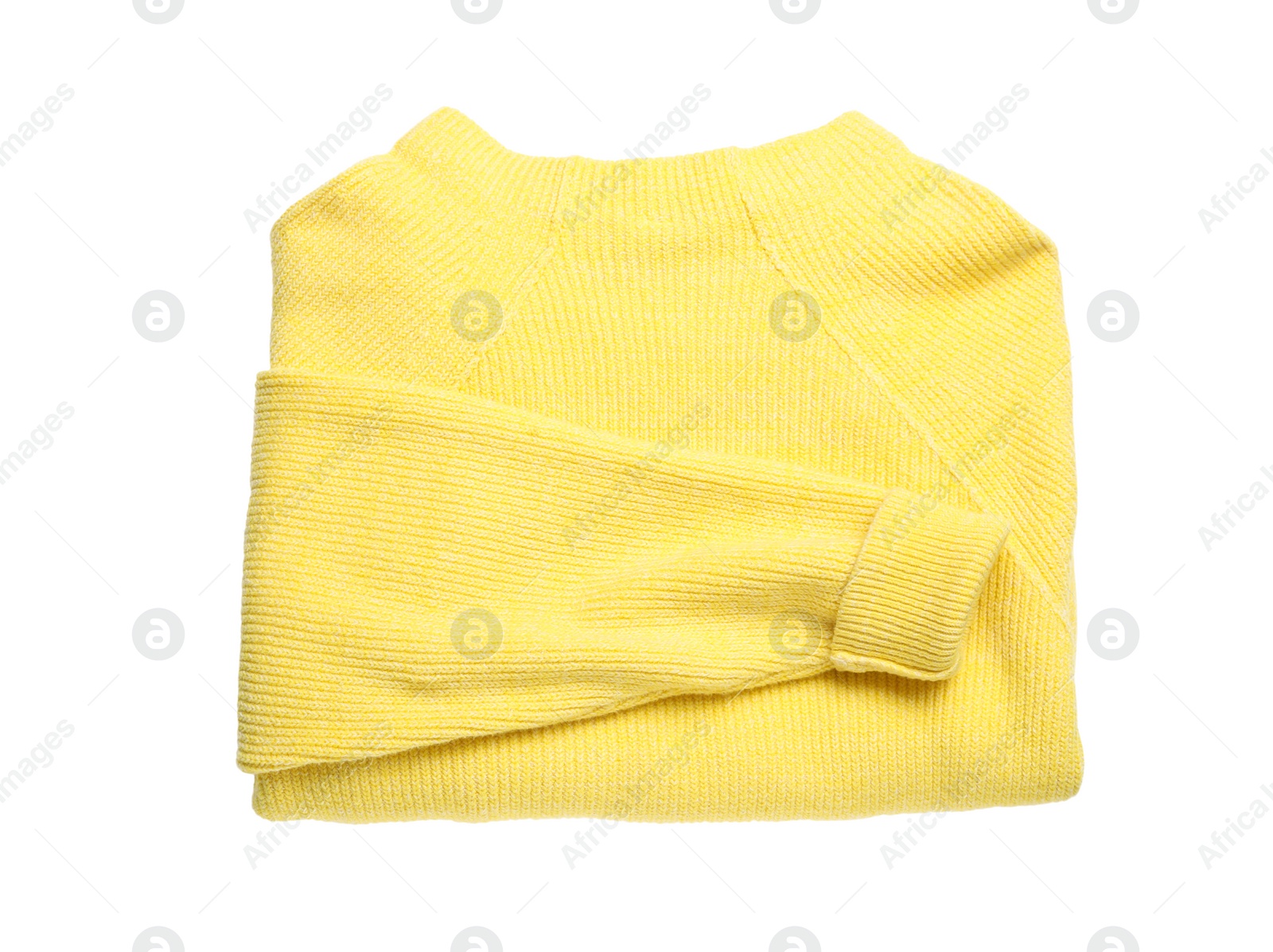 Photo of Yellow woolen sweater isolated on white, top view