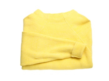 Yellow woolen sweater isolated on white, top view