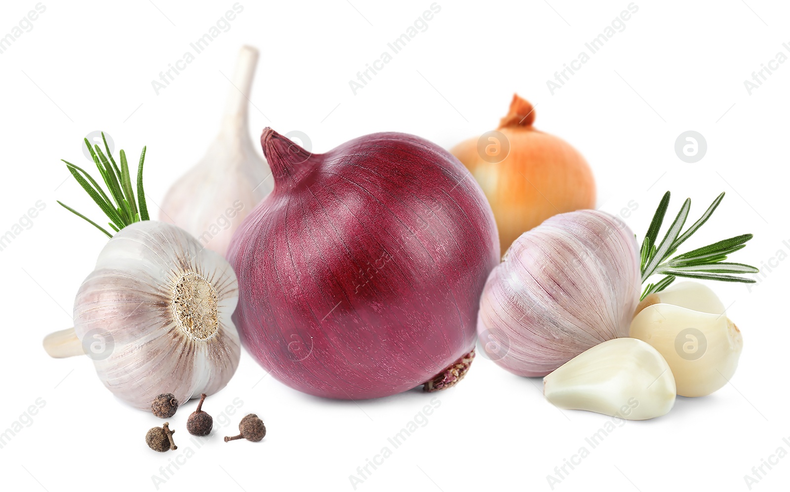 Image of Mix of fresh garlic and onions on white background