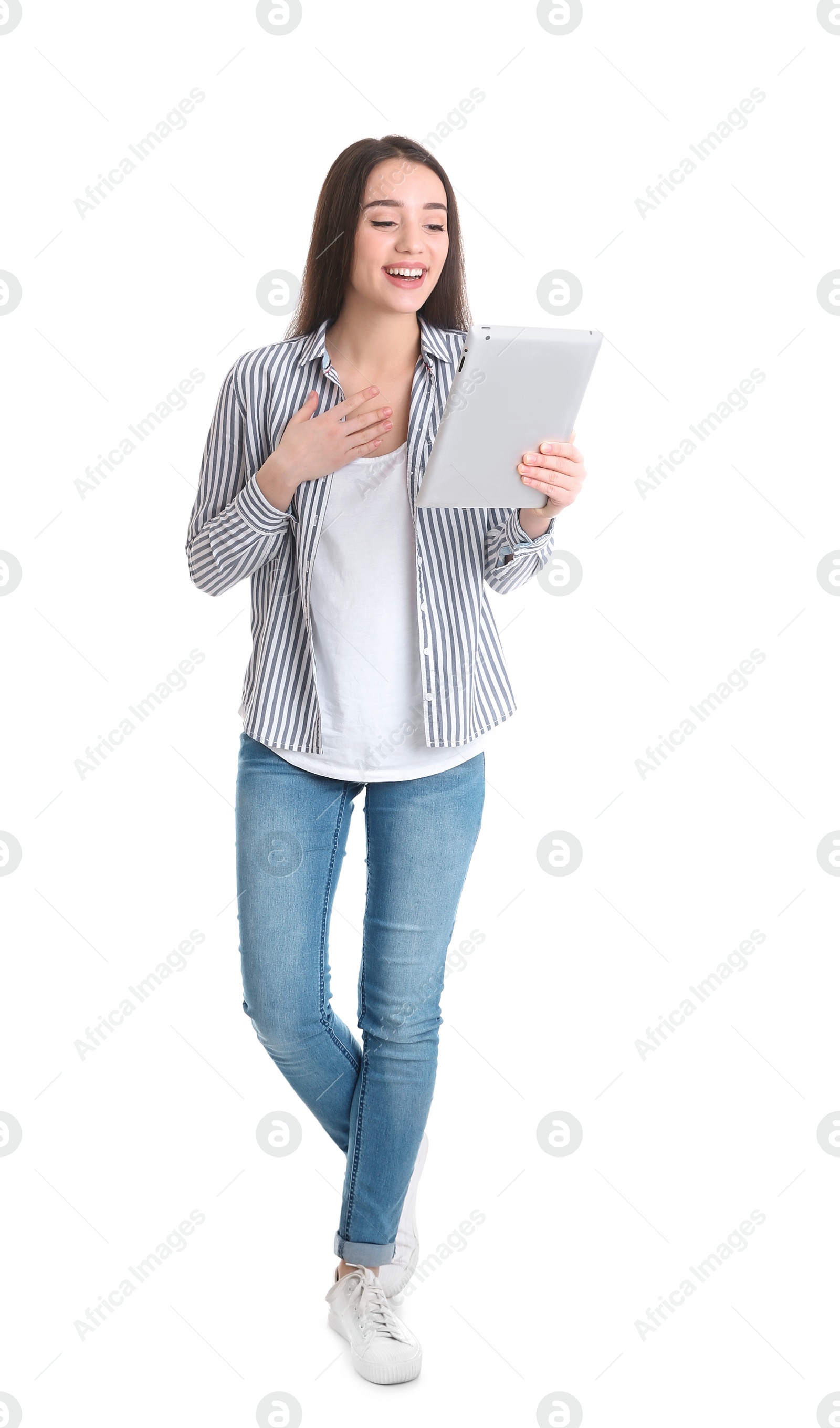 Photo of Woman using tablet for video chat isolated on white