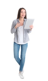 Photo of Woman using tablet for video chat isolated on white