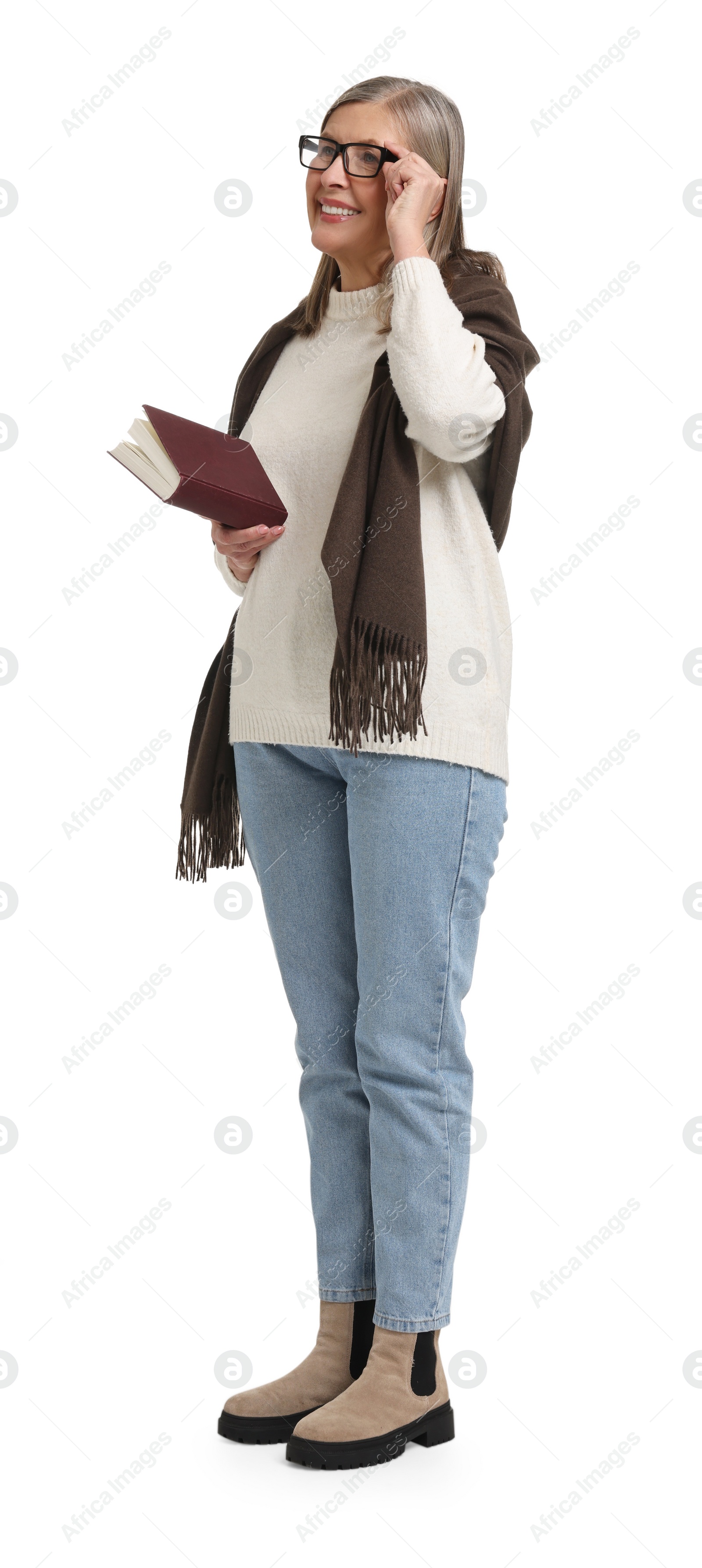 Photo of Senior woman with book on white background