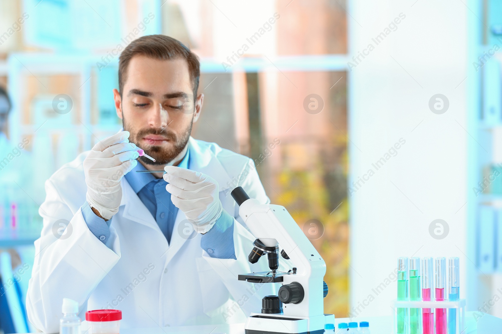 Photo of Young scientist working in laboratory, space for text. Chemical analysis