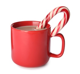 Photo of Cup of tasty cocoa with Christmas candy cane isolated on white