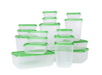 Set of empty plastic containers for food on white background