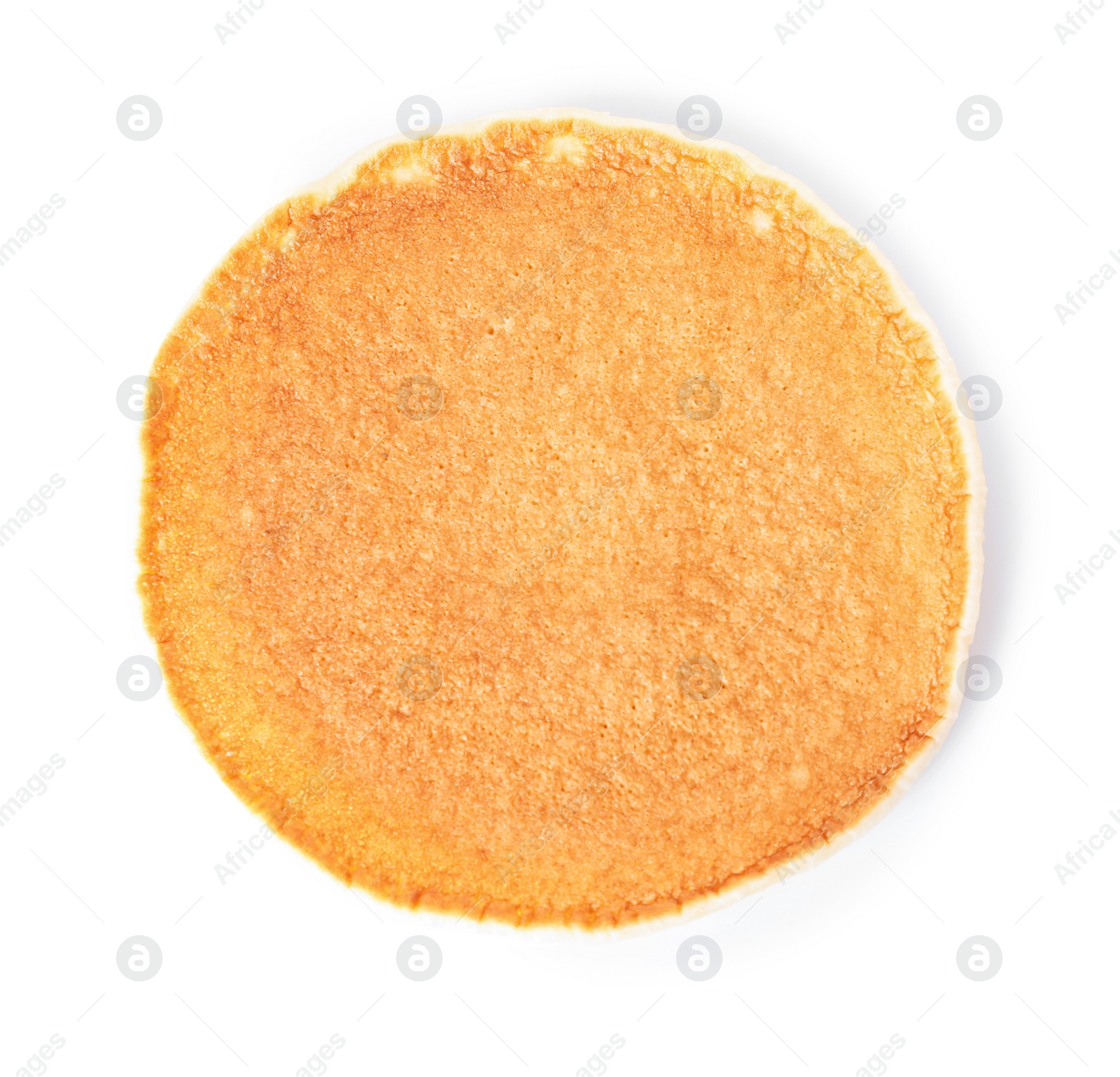 Photo of Hot tasty pancake on white background, top view