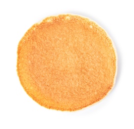 Photo of Hot tasty pancake on white background, top view