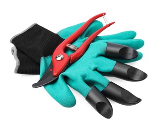 Photo of Pair of claw gardening gloves and secateurs isolated on white