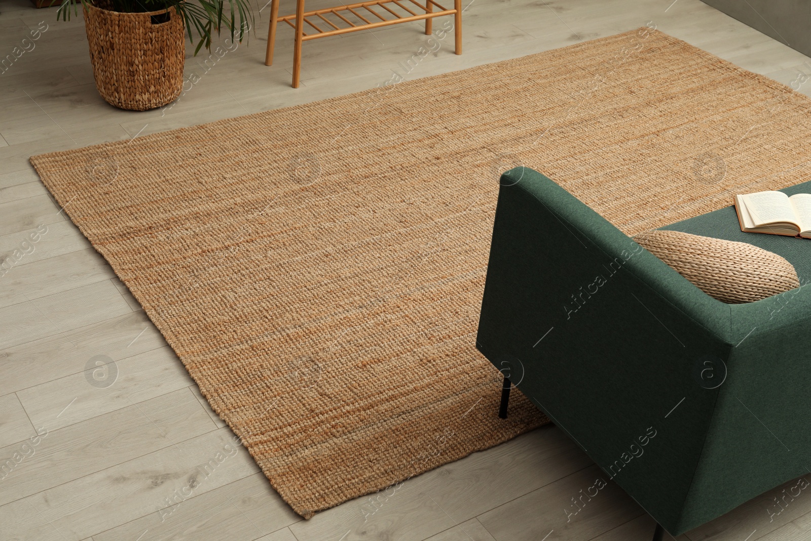 Photo of Beige carpet on wooden floor in living room