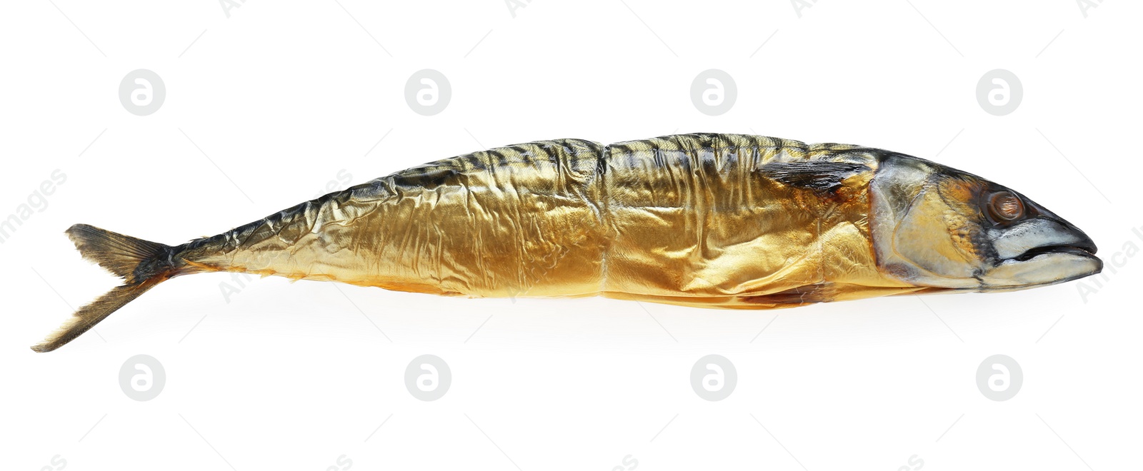 Photo of Delicious smoked mackerel isolated on white. Seafood product