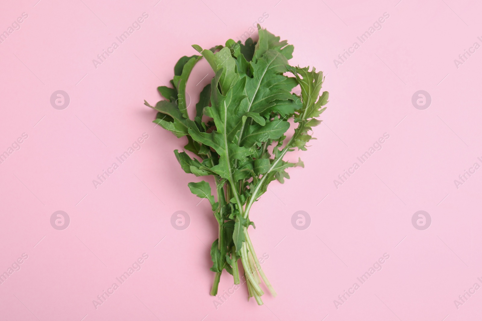 Photo of Fresh arugula on light pink background, flat lay