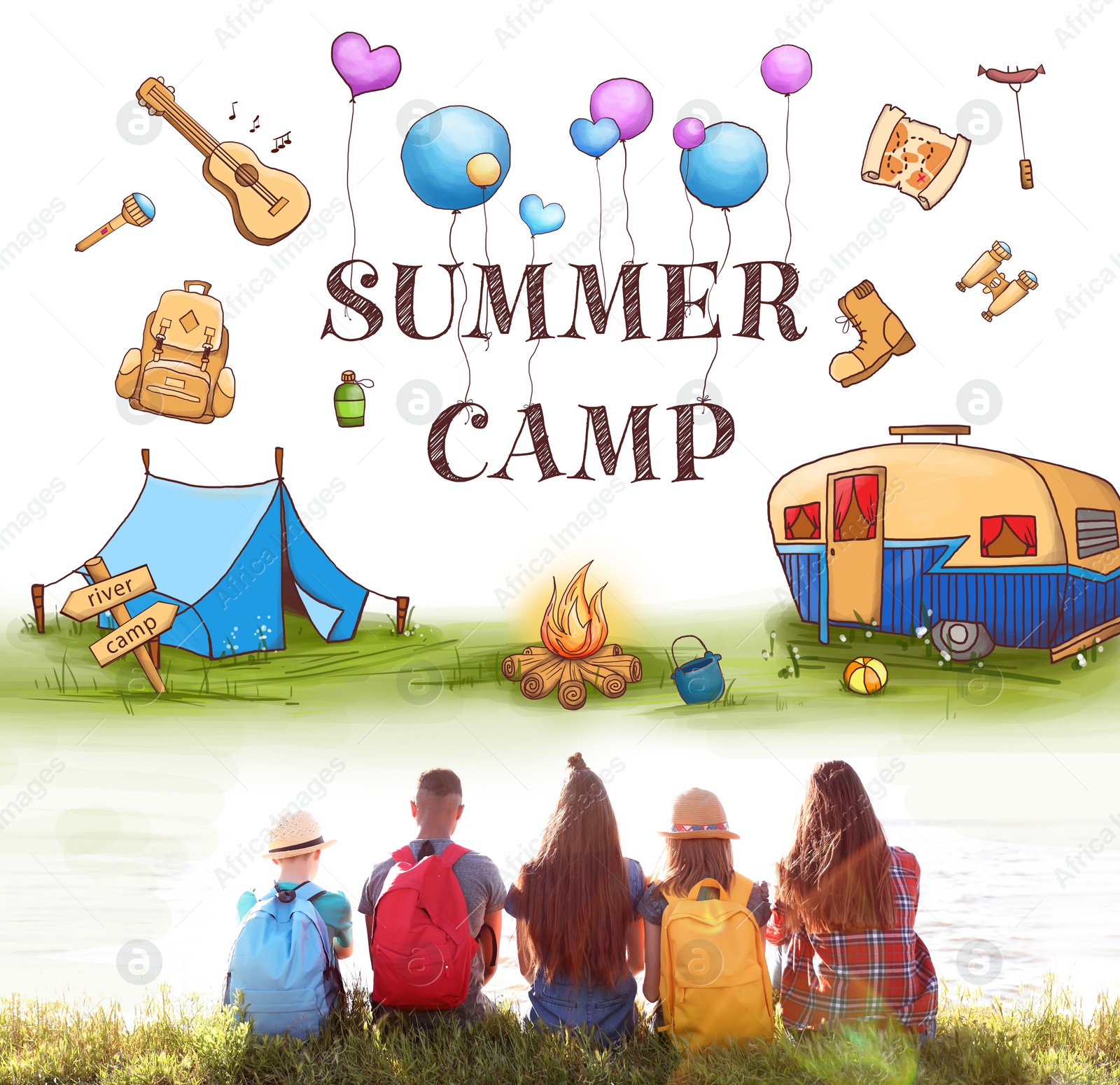 Image of Children at summer camp. Illustrations on background